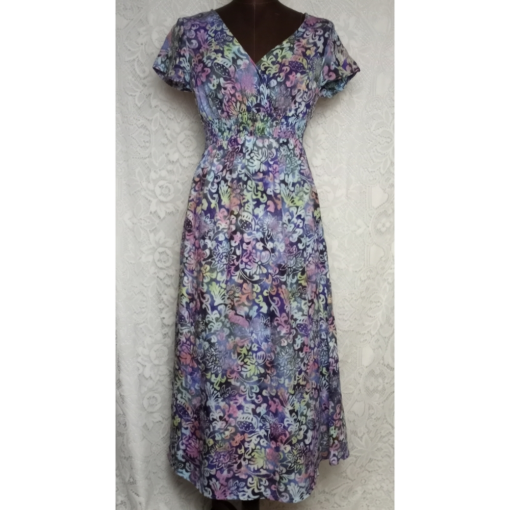 Vintage 1990s Wind River Batik Rayon Empire Waist Dress Long Midi Maxi Dress